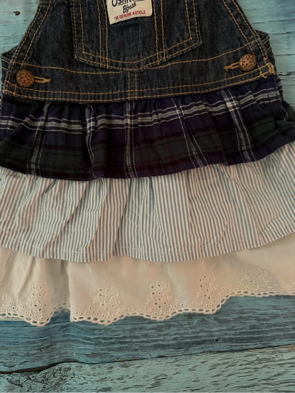 Retro OshKosh B'gosh Denim Tiered Layered Ruffle Overall Dress 18M